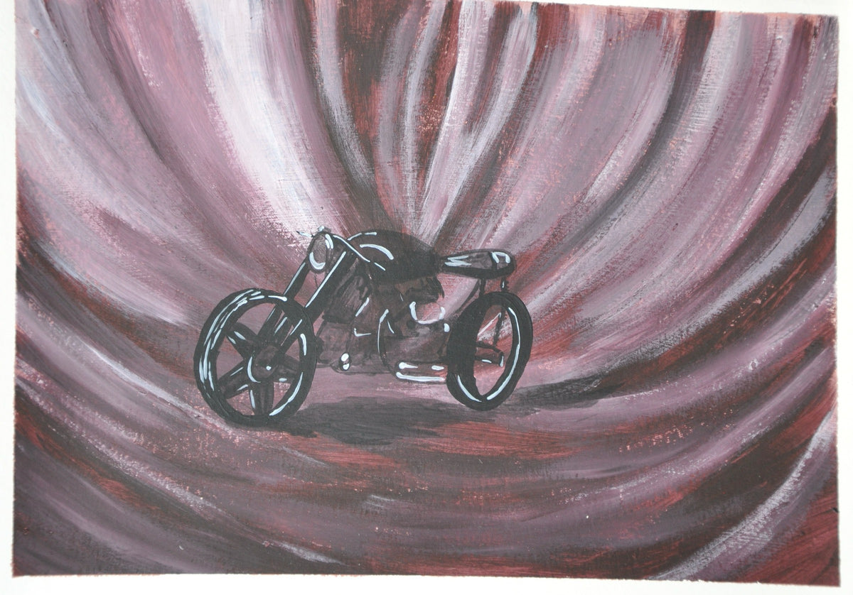 Café Racer – Original Acrylbild, Café-Racer-Motorrad vor wirbelndem Hintergrund in Braun- und Rosétönen