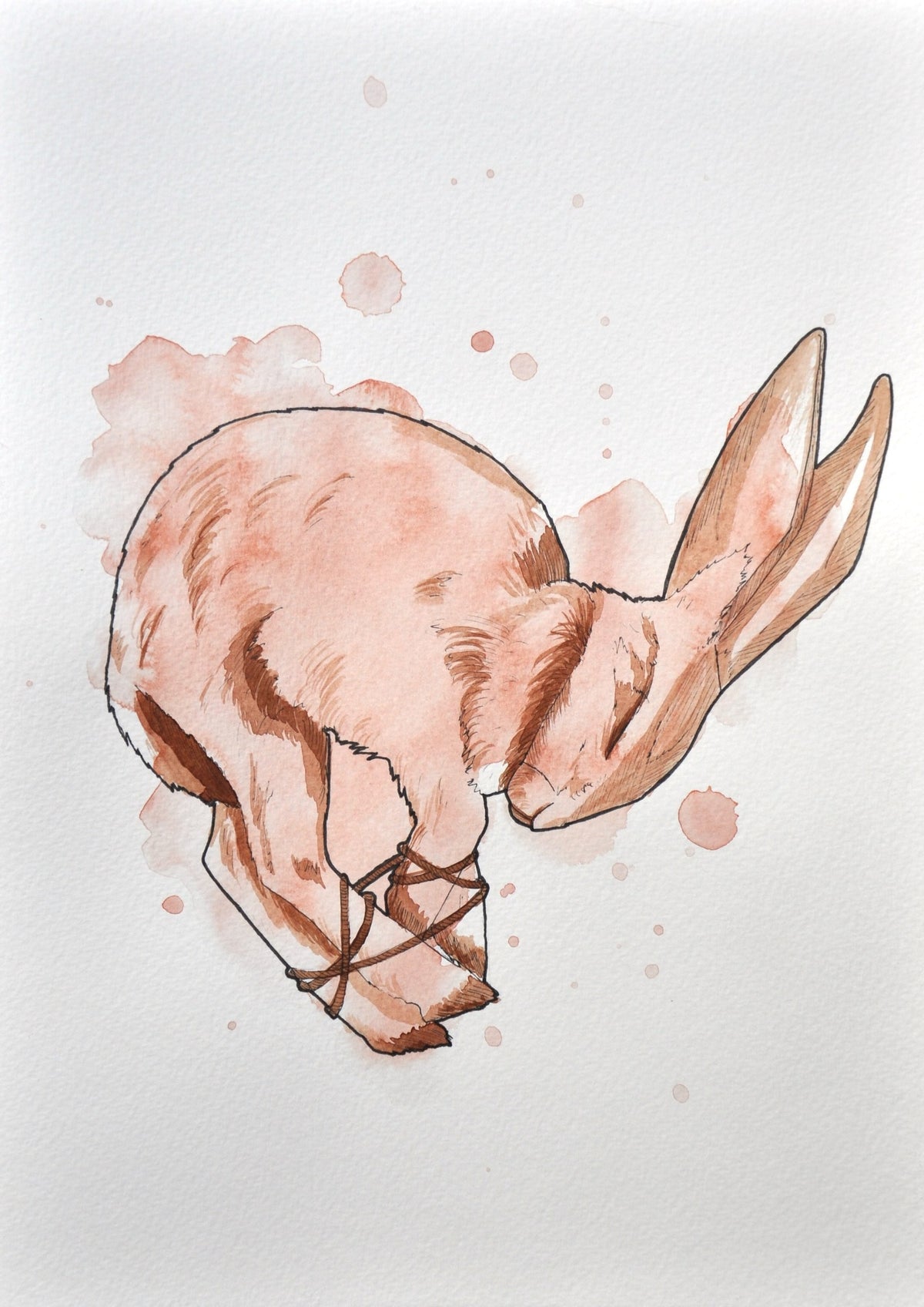 Caught in my sleep – Original Aquarell, schlafender Hase in Rostbraun mit zusammengebundenen Läufen