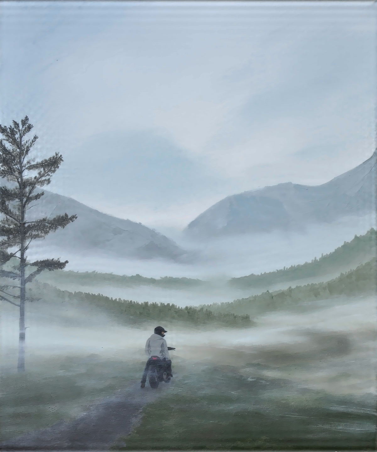 Escape – Original Acrylbild, neblige Berglandschaft mit Motorradfahrer und Nadelbaum
