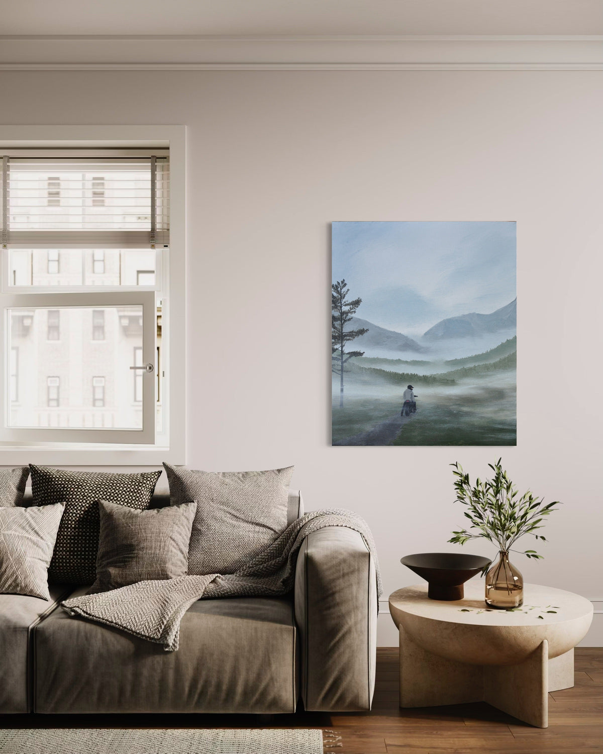 Escape – Original Acrylbild im Wohnzimmer über einem Beistelltisch (Mockup)