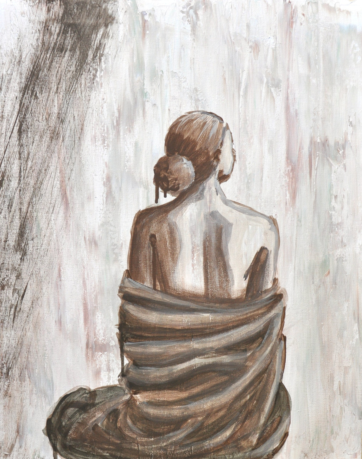 Give me a second – Original Acrylbild, Frau von hinten in eine Decke gehüllt, in Braun- und Beigetönen