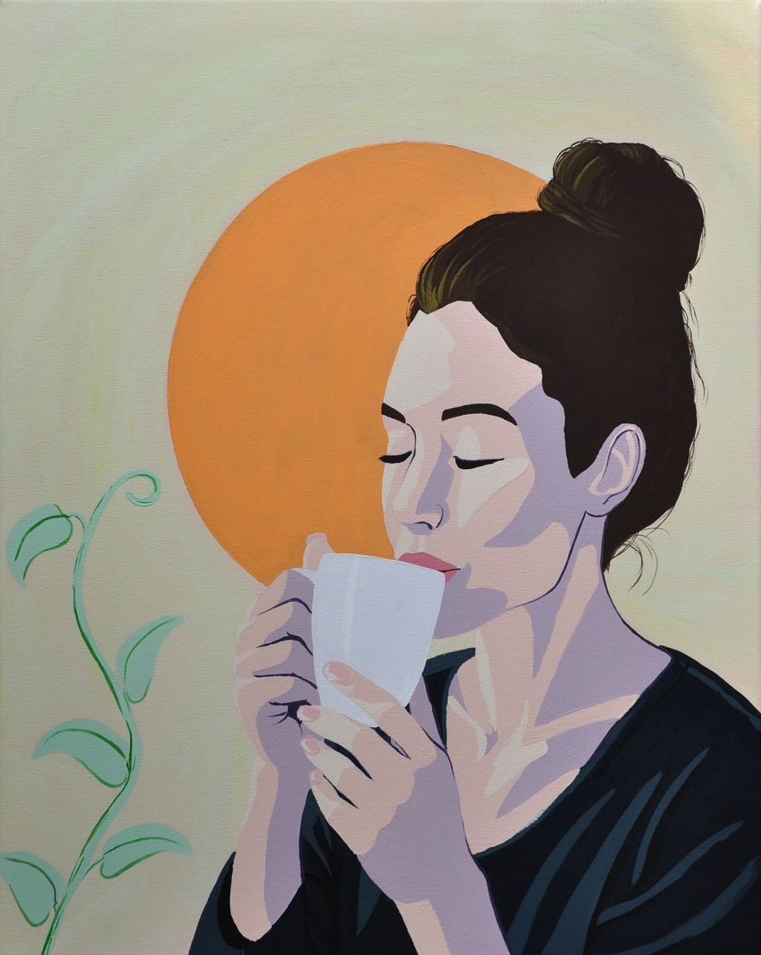 Golden Hour – Original Acrylbild, Frau mit geschlossenen Augen trinkt Kaffee vor oranger Sonne